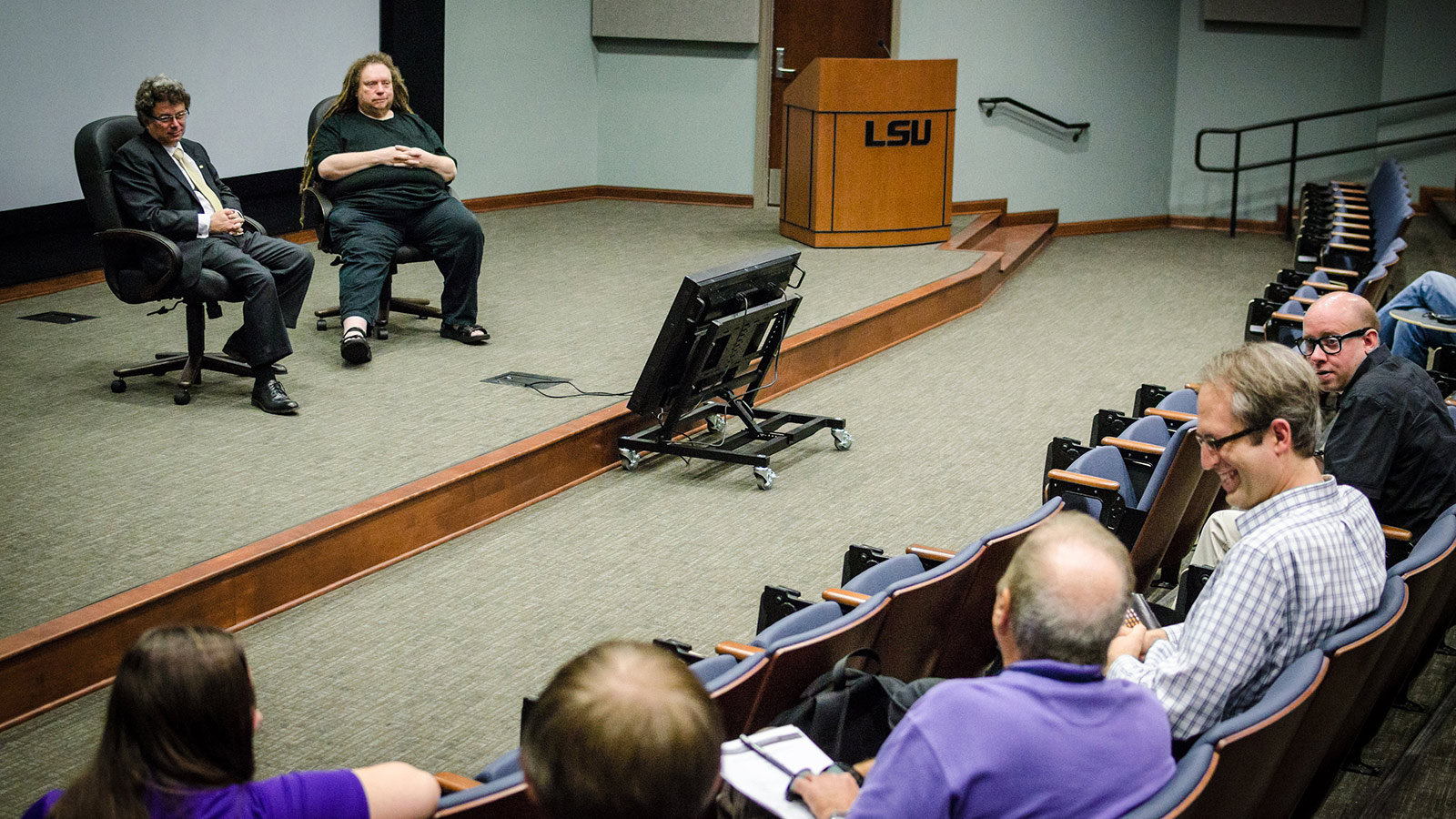  Dr. Stephen Beck (L) hosts a Q&A session with scientist, musician, and author Jaron Lanier (R) using Constellation's voice lift feature. Photo credit: Alice Wack Stout / LSU College of Music & Dramatic Arts