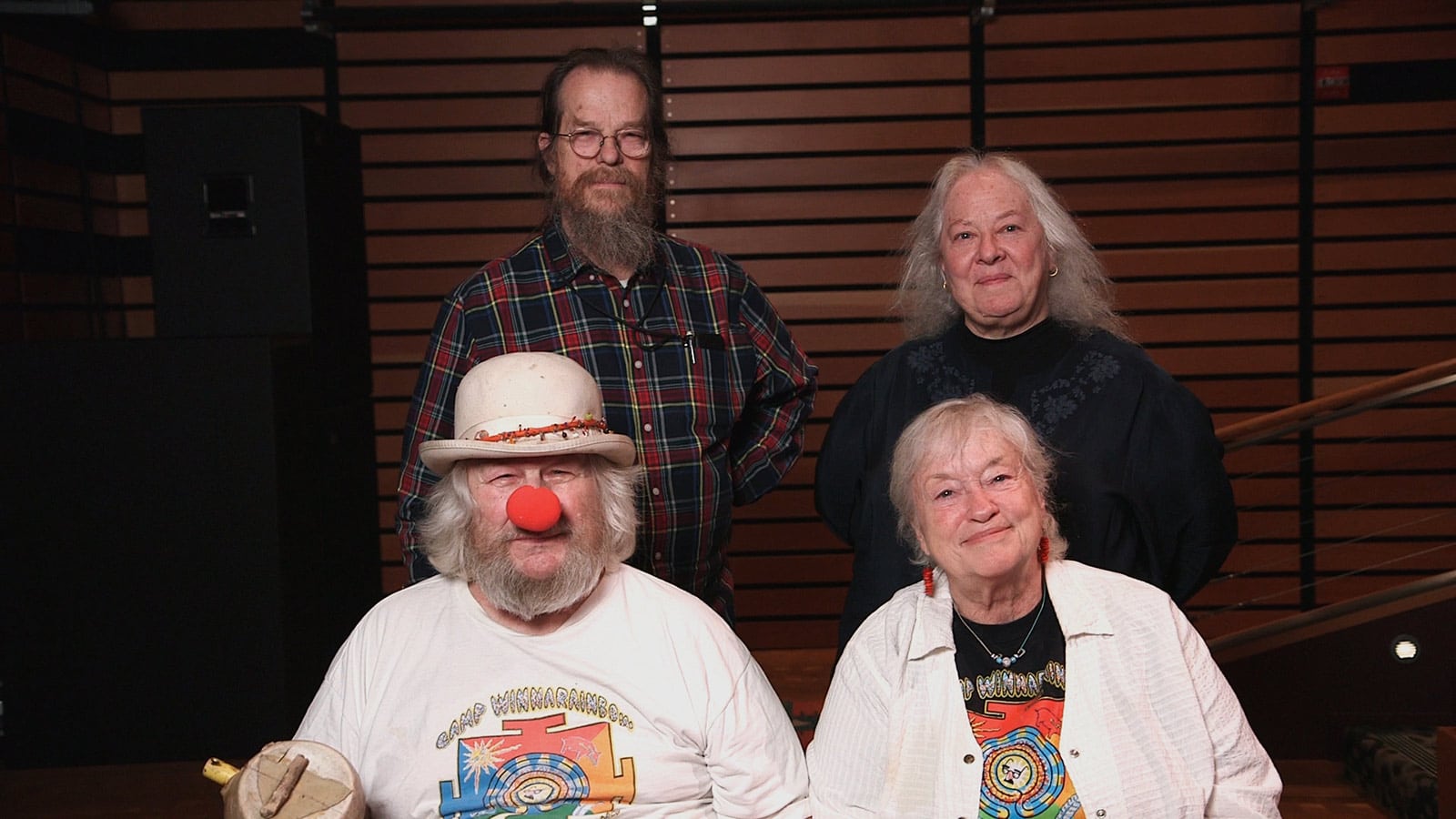 John and Helen Meyer host Wavy Gravy for his 81st Birthday Benefit at Pearson Theatre (Bottom Left to Right: Wavy Gravy, Jahanara Romney)