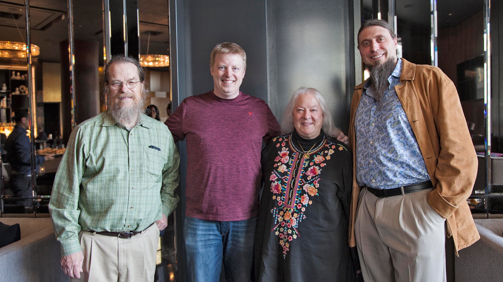 John and Helen pose with Broadway sound designers Andrew Keister (2nd from left) and Nicholas Pope (right) after the NYC LINA Demo event