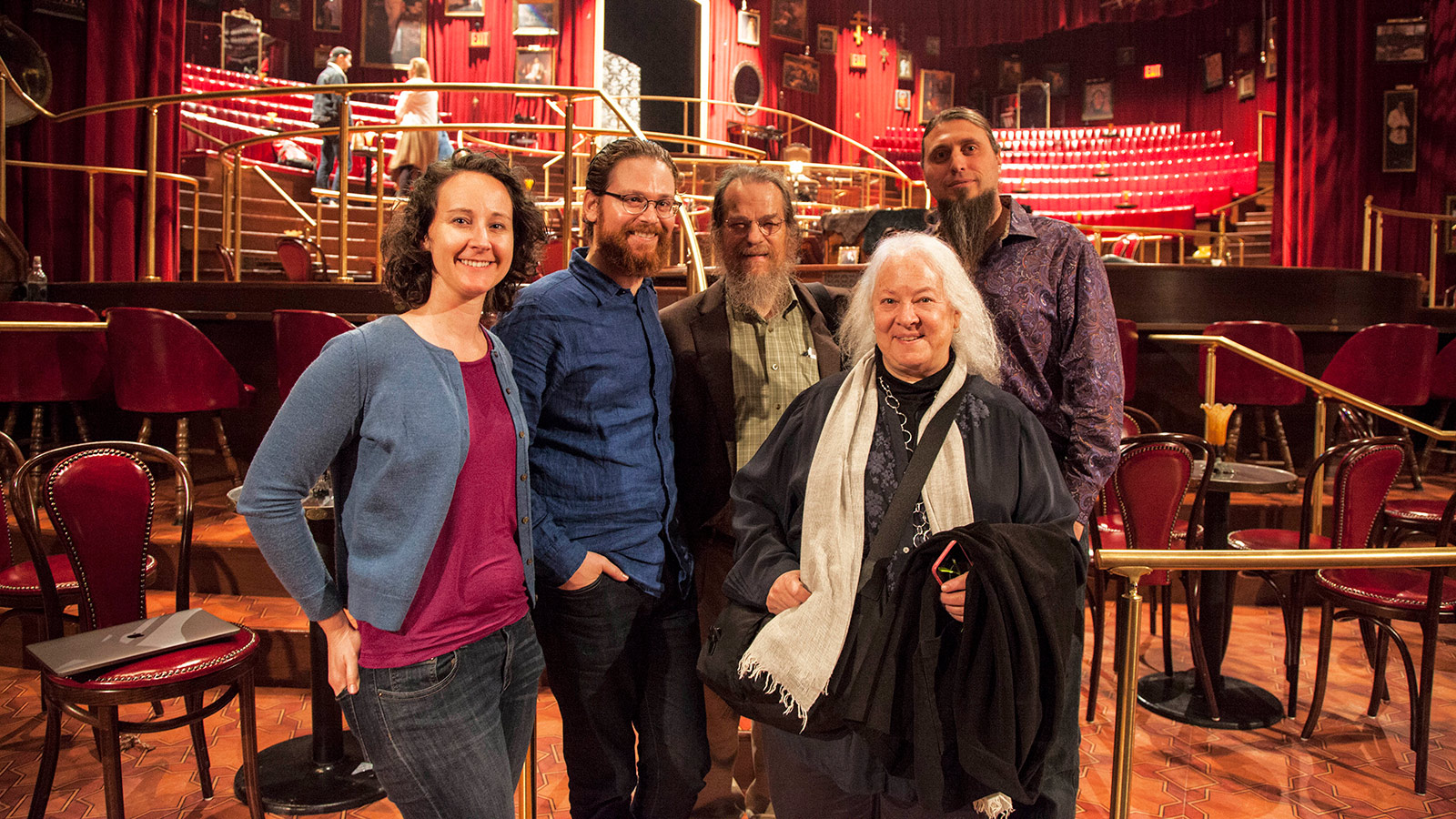 John and Helen Meyer pose with some of “The Great Comet” sound design team during a post-show tech talk at the Imperial Theatre (Left to Right: Beth Lake, Sam Lerner, John Meyer, Helen Meyer, Nicholas Pope)