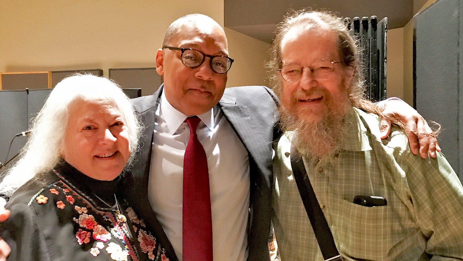 John and Helen Meyer say hello to Jazz at Lincoln Center (JALC)’s artistic director Wynton Marsalis before the LINA NYC Demo Event at the JALC’s Rose Theater