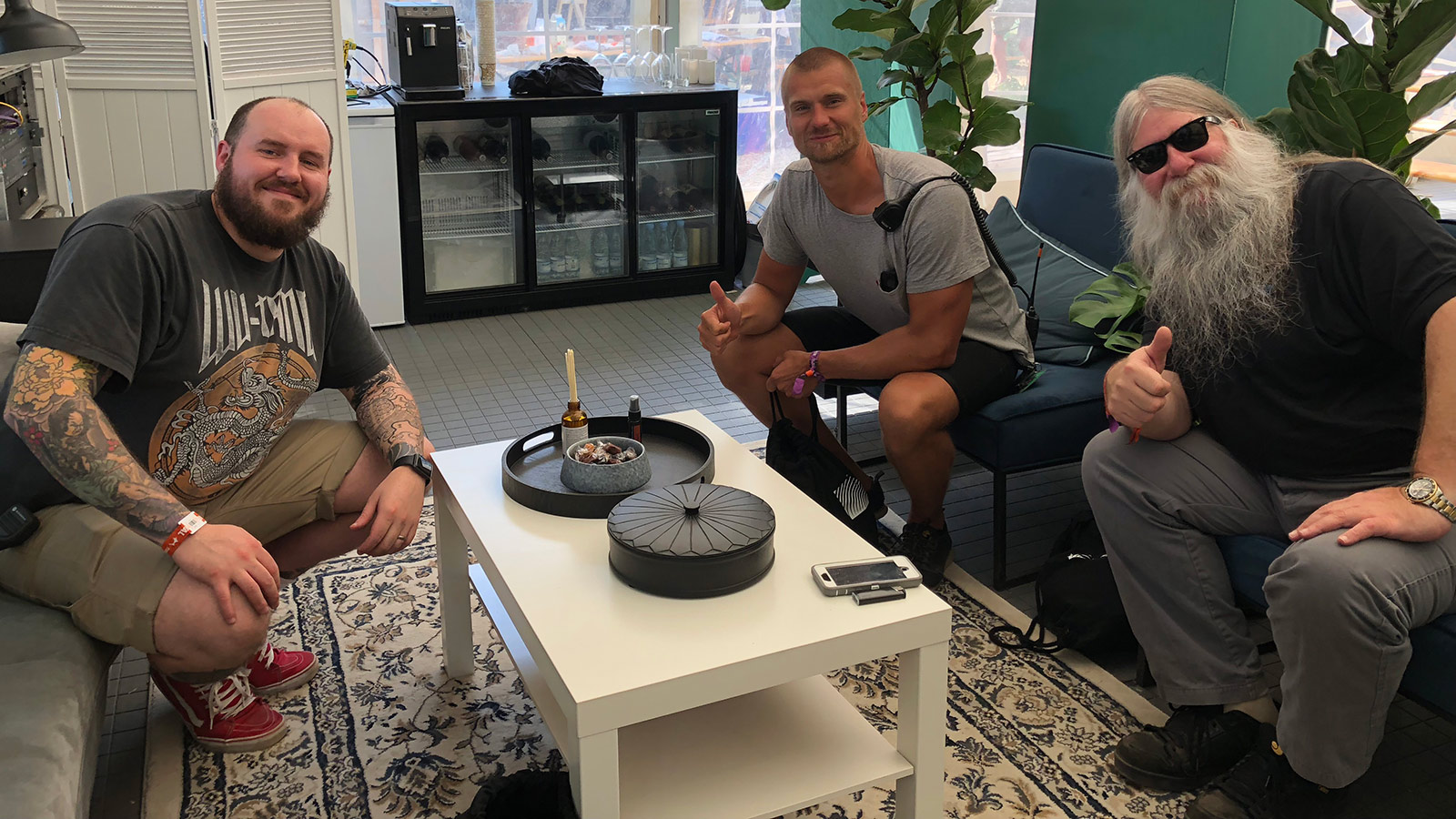 (L–R) Will Nicholson, Dua Lipa FOH Engineer; Perttu Korteniemi, Gorillaz Systems Tech and Audio Crew Chief; “Big Mick” Hughes in the Big Mix Lounge at 2018 Roskilde Festival