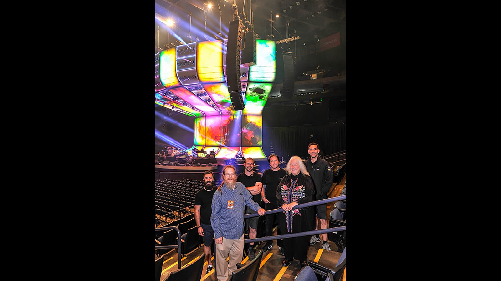 (L-R) Brian Thorene, PA Tech; John Meyer; David White, Chewie Tech; Chris Marsh, FOH Engineer; Helen Meyer; Charle Albin, Systems Tech