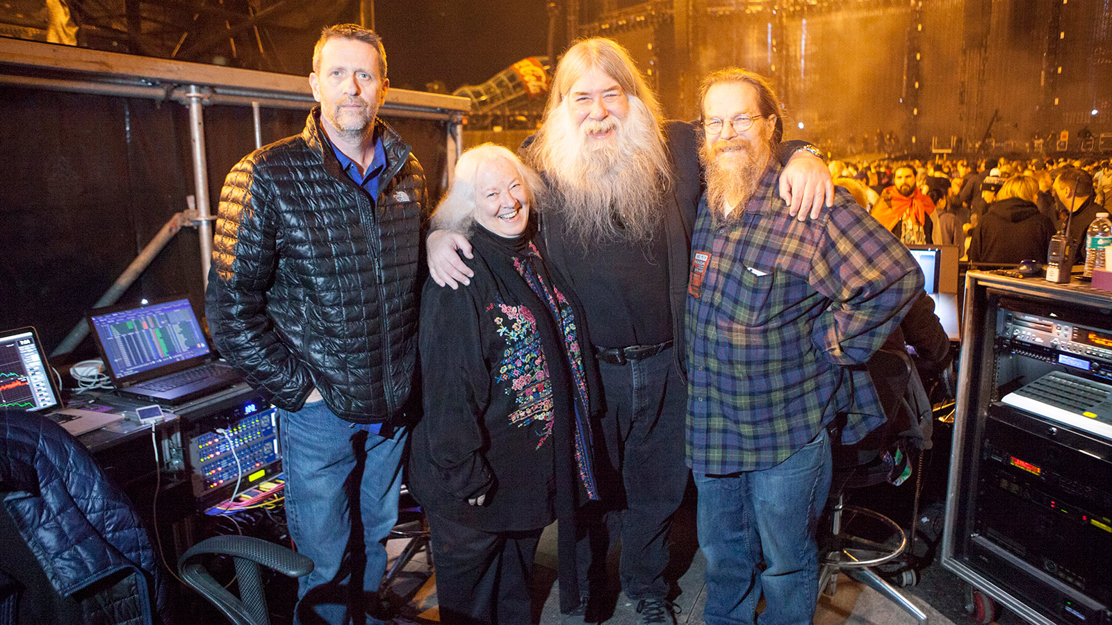 (L–R) Derek Featherstone, UltraSound CEO; Helen Meyer; “Big Mick” Hughes; John Meyer