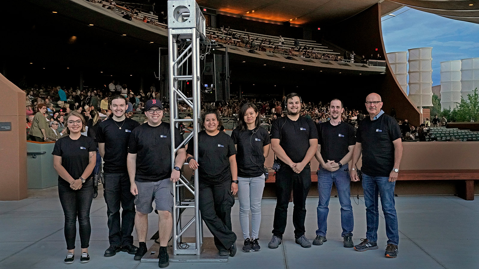 (L-R): Cheyenne Dalton, A/V Apprentice; Wyatt Laster, A/V Apprentice; Mitchell Prescott, A/V Technician; Araceli Ramirez, A/V Apprentice; Adelaide Zhang, A/V Technician; Alex Davila, A/V Engineer; Karl G. Kern, Audio/Visual Director; Paul Horpedahl, Director of Production & Facilities