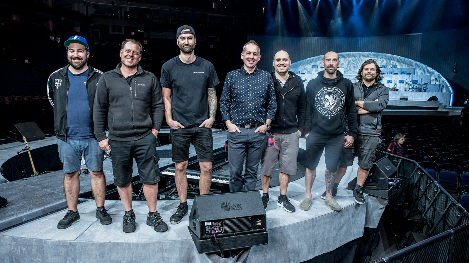 (L to R) Francis Lussier, PA/Stage Technician, Jeremy Walls, PA/Stage Technician, Sebastien Richard, PA/Stage Technician, Craig Doubet, FOH Engineer, Jonathan Trudeau, System Engineer/Crew Chief, Marc Depratto, Monitor Engineer, Louis-Philippe Maziade, Monitor Engineer
(NOT PICTURED) Charles Deziel, Patch/RF/Intercom technician