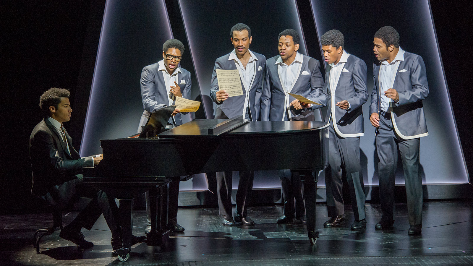 (l to r) Christian Thompson (Smokey Robinson), Ephraim Sykes (David Ruffin), Jared Joseph (Melvin Franklin), Derrick Baskin (Otis Williams), Jeremy Pope (Eddie Kendricks), and James Harkness (Paul Williams) in the world premiere of Ain’t Too Proud—The Life and Times of The Temptations at Berkeley Repertory Theatre.