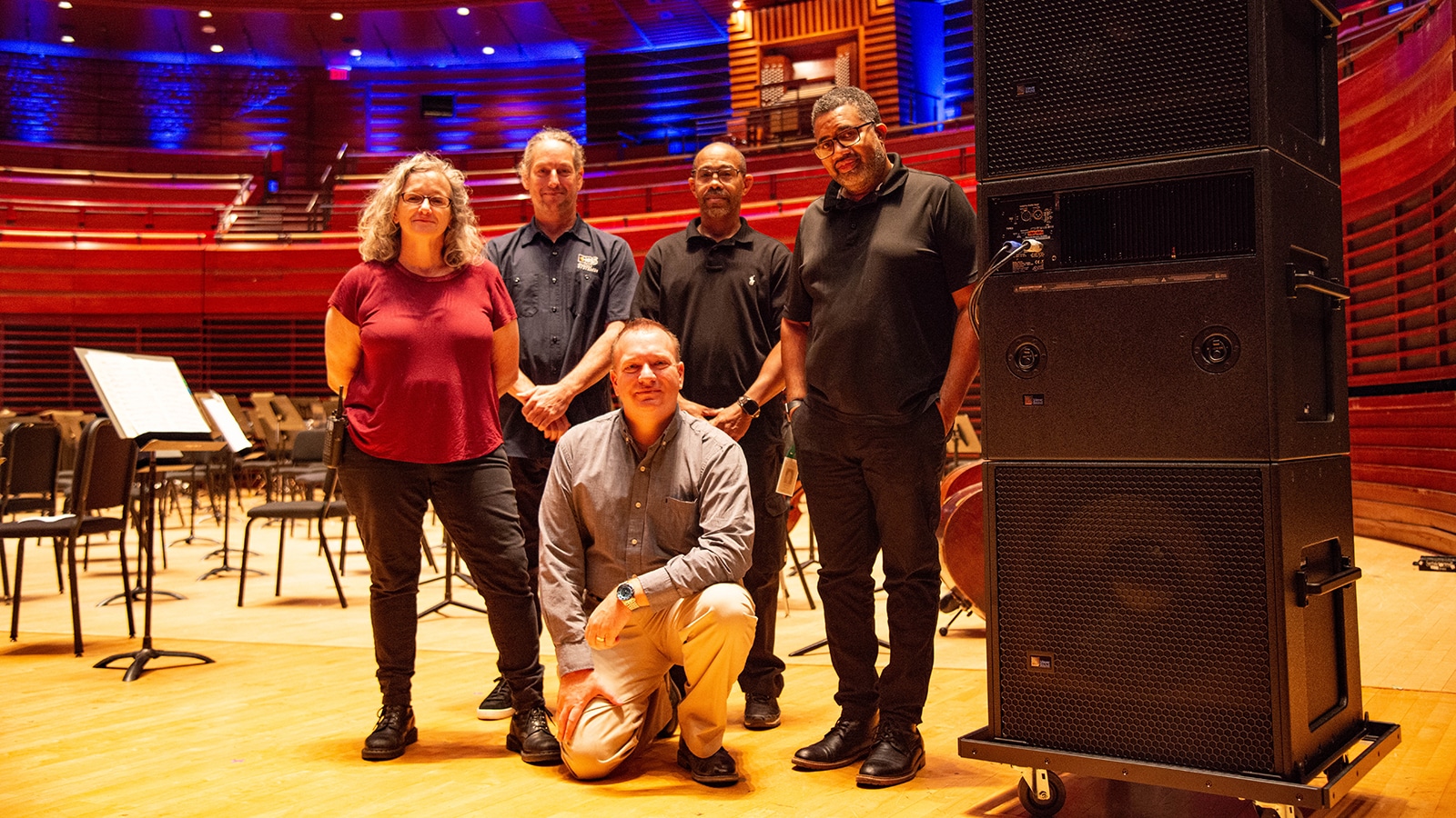 (Front) Andre Barette, Director of Production, Kimmel Cultural Center; (Back, L-R) Eileen Harris, Production Manager — Verizon Hall & Special Projects, Kimmel Cultural Center; Dave Brotman, President, DBS Audio Systems, Inc.; Walter Brown, Sr., Assistant Head of Sound, Kimmel Cultural Center; Kenneth Nash, Head of Sound, Kimmel Cultural Center