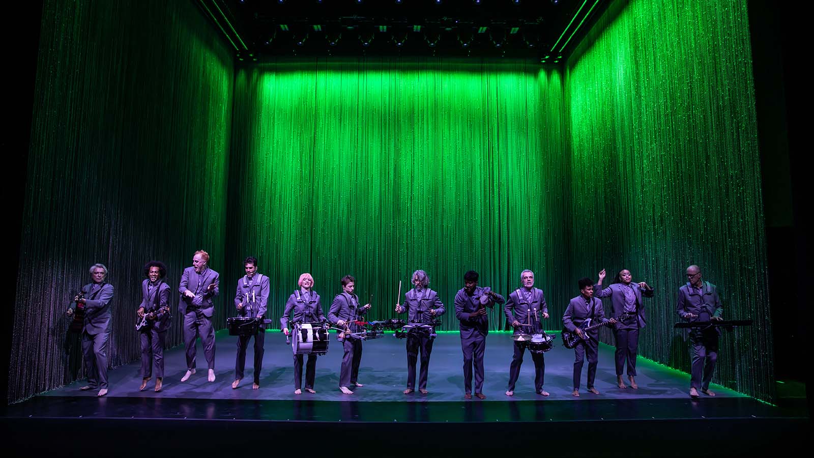 (L-R): David Byrne, Bobby Wooten III, Chris Giarmo, Daniel Freedman, Jacquelene Acevedo, Tim Keiper, Mauro Refosco, Gustavo Di Dalva, Stéphane San Juan, Angie Swan, Tendayi Kuumba, and Karl Mansfield