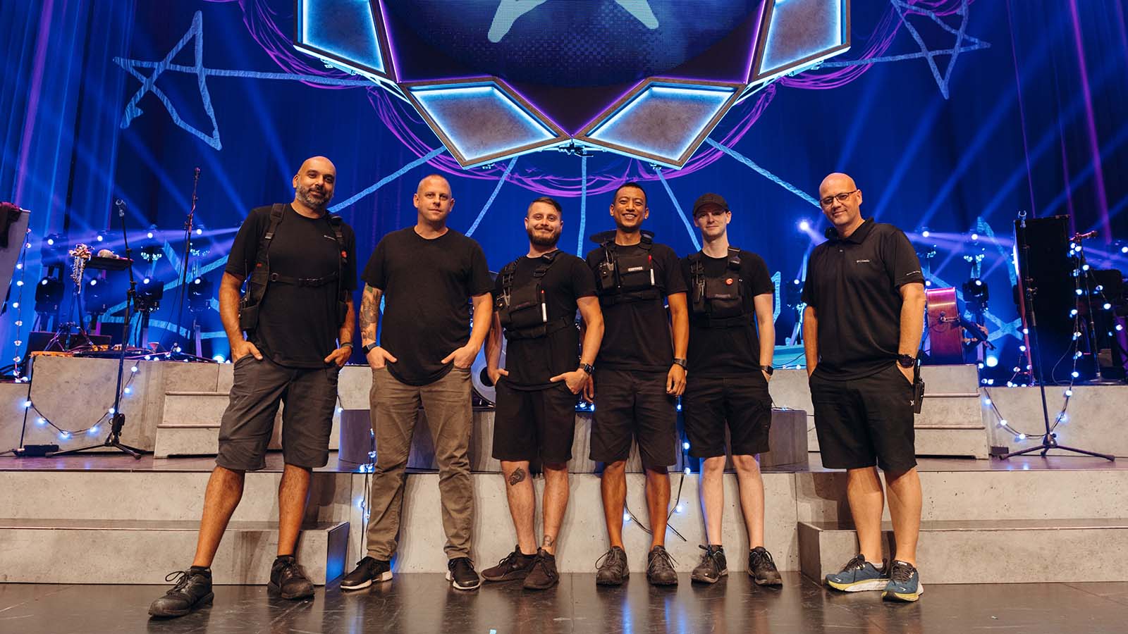 (L-R) Ryan Cornelius, Systems Engineer/Crew Chief; Josh Osmond, FOH Engineer; Tyler Harris, PA Tech; Kevin Hu, Monitor Tech; Tucker Arbuthnot, PA Tech; Francois Pare, Monitor Engineer