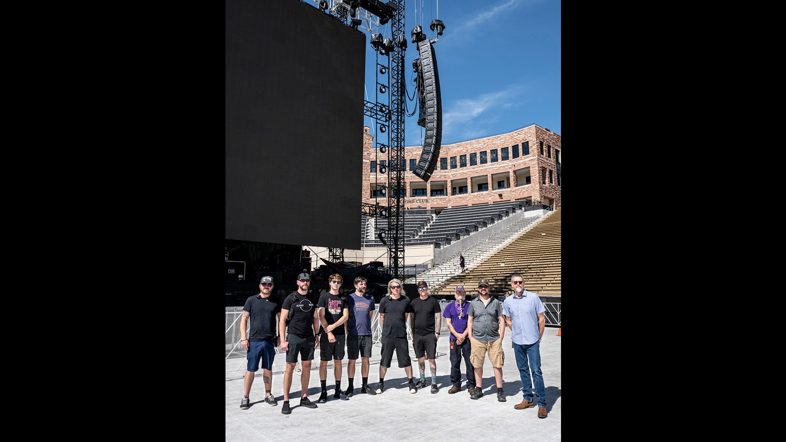 (L-R) Erik Swanson, Delay Tech; Michal Kacunel, System Engineer; Riley Gajewski, PA Tech; Ross Harris, Recording Engineer; Sean McAdam, PA Tech; Reilly Williamson, Monitor Tech; Lonnie Quinn, Monitor Engineer; Ian Dubois, Monitor Engineer; Derek Featherstone, Tour Director/FOH Mixer