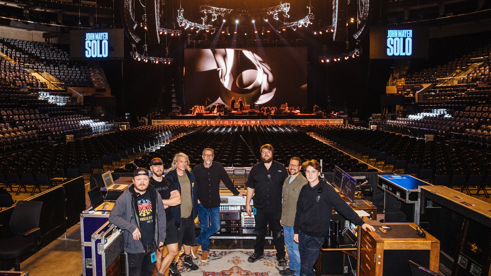 (L-R) Erik Swanson, PA Tech; Michal Kacunel, System Engineer; Sean McAdam, PA Tech; Derek Featherstone, FOH Engineer and CEO of UltraSound; Alex Prichard, Monitor Tech; Ian Dubois, Monitor Engineer; Riley Gajewski, PA Tech