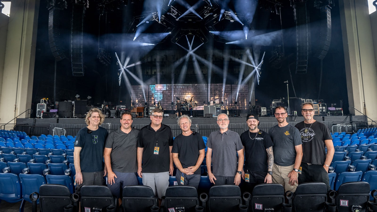 (L-R) Greg Botimer, Monitor and RF Tech; Paul “Pablo” White, System Engineer and SR PA Tech; Rob Evans, Broadcast Engineer; Billy Martin, SL PA Tech; Ian Kuhn, Monitor Engineer; Josh Horn, Sirius-XM Tech; Tom Lyon, FOH Engineer; Joe Lawlor, Audio Archivist