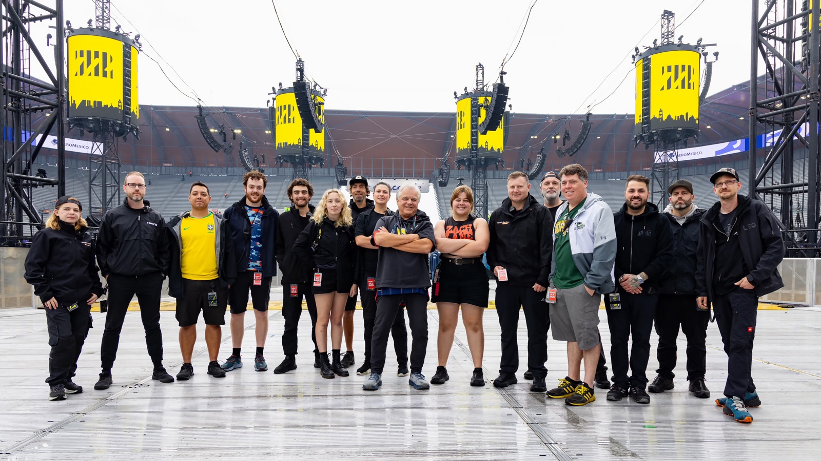 (L-R): Clair Global Stage Technician Katlyn Manktelow, Clair Global Crew Chief Emmitt Tubritt, Clair Global PA Coordinator Luiz Melo, Clair Global Assistant System Technician Sebastian Jordan, Clair Global PA Technician Ryan Hannon, Clair Global RF Technician Stacey Handley, Clair Global PA Technician Hannes Dander, Clair Global PA Technician Karina Evstigneeva, Metallica FOH Mixer Greg Price, Clair Global PA Technician Anna Henson, Clair Global Stage Manager Craig Edwards, Metallica Monitor Mixer Bob Cowan, Clair Global Systems Technician Chris Rushin, Metallica Monitor Mixer Mike “Mic” Bollella, Metallica Stage Crew Chief Adam Correia, Metallica FOH Assistant Mixer Jay Day.