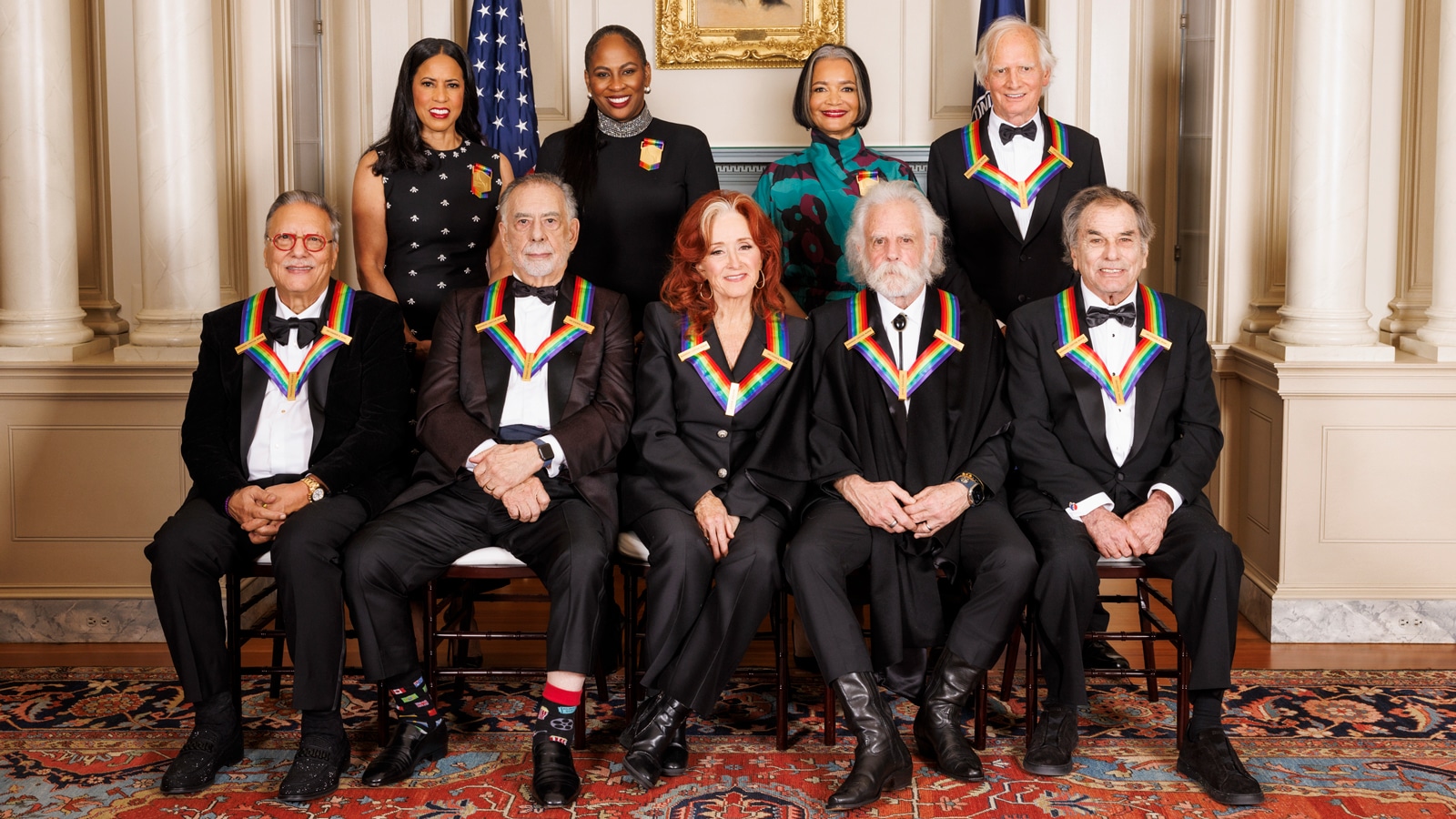 Back row – Standing (L-R): Michelle Ebanks, Kamilah Forbes, and Jonelle Procope of The Apollo, Bill Kreutzmann (Grateful Dead). Seated: Arturo Sandoval, Francis Ford Coppola, Bonnie Raitt, Bobby Weir (Grateful Dead), and Mickey Hart (Grateful Dead)