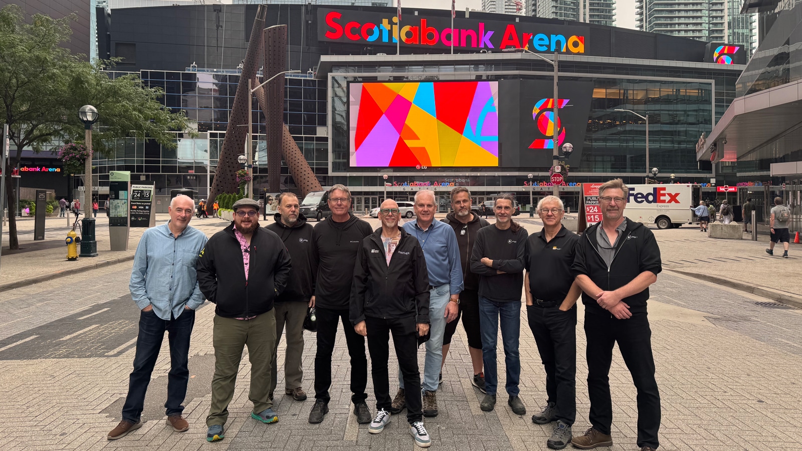 (L-R) Martin Van Dijk (Engineering Harmonics), Josh Dorn-Fehrmann (Meyer Sound), Andrew Cwierdzinksi (Aligned Vision Group), Jamie Howieson (Engineering Harmonics), Bob McCarthy (Meyer Sound), Andrew Foord (Aligned Vision Group), David Vincent (Meyer Sound), Luis Brasil (Aligned Vision Group), Ian Robertson (Gerr Audio), Guy Wallace (Aligned Vision Group)