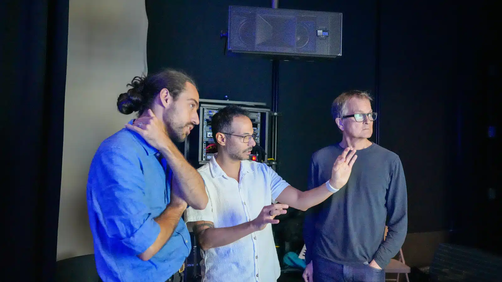 (L-R): Meyer Sound Technical Support Specialist Leonard Blanche, ASU Assistant Professor of Sound at the Sidney Poitier New American Film School Rodrigo Meirelles, Meyer Sound Director, Spatial Sound, Steve Ellison