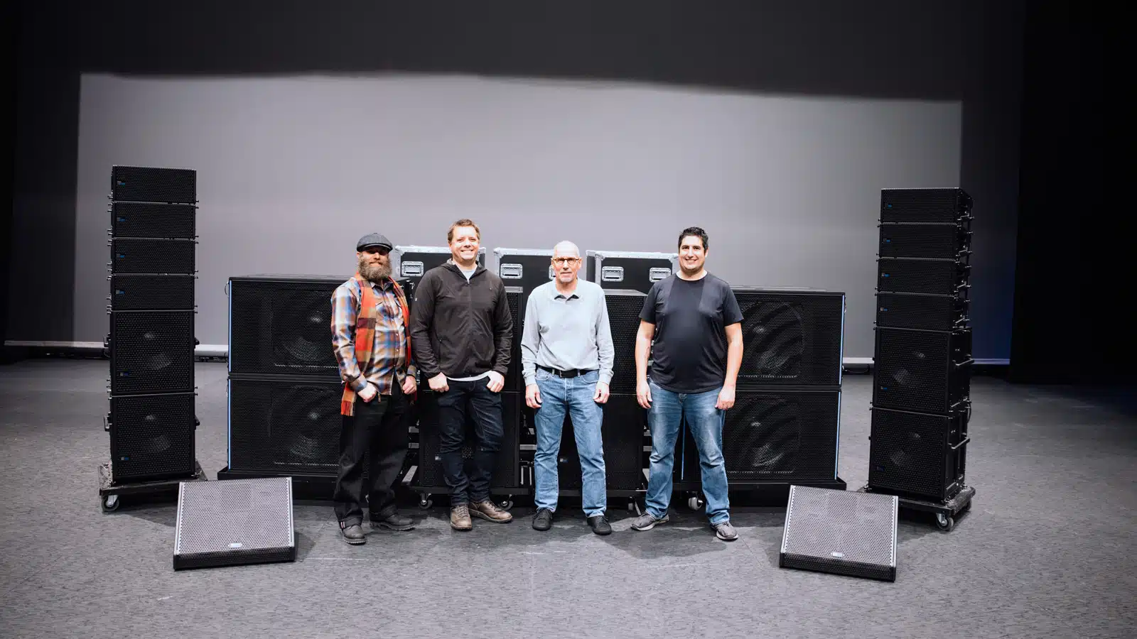 L-R: Bradley Katz - Waveworks AV CEO, Aaron Ballard - Waveworks AV Foreman, Tom Menrath - Advanced Systems Group (ASG) Audio Team Director, Jordan Lonn - Gallo Center Head Audio Engineer