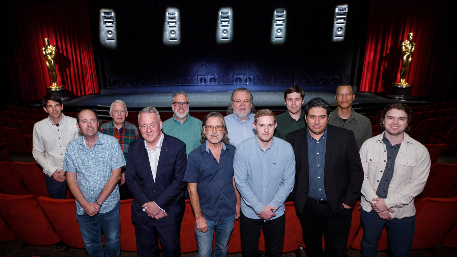 Brendan Connell, Jr., Chief Operating Officer of the Academy and General Counsel for the Academy Foundation (front, second from left), Richard Martinez, Vice President of Academy Theaters (front, fifth from left), and the Samuel Goldwyn Theater installation and commissioning team.