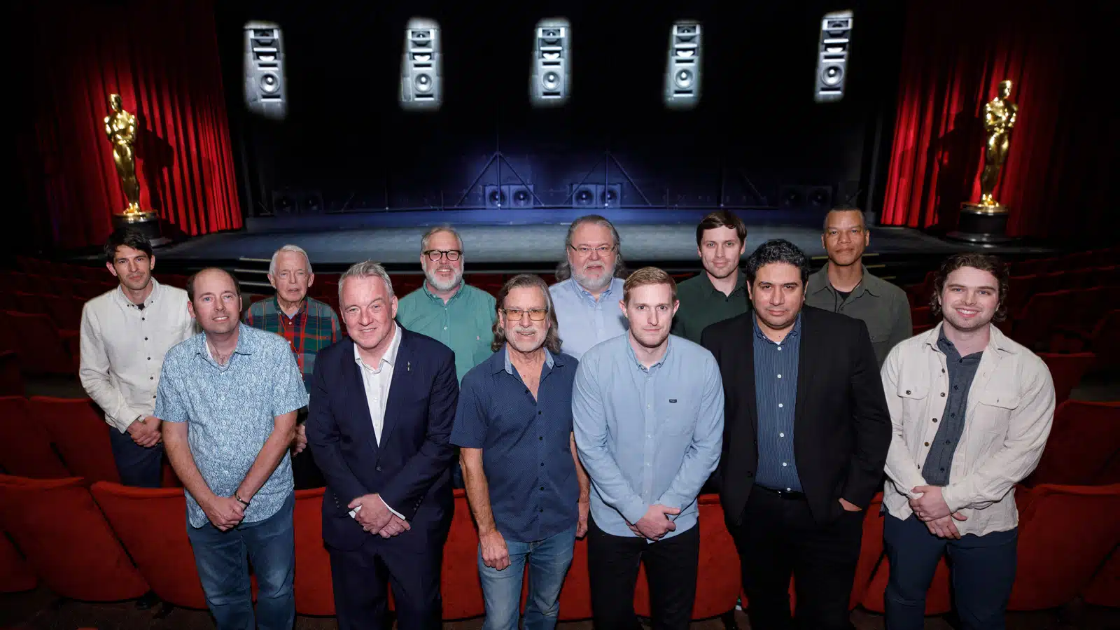 Brendan Connell, Jr., Chief Operating Officer of the Academy and General Counsel for the Academy Foundation (front, second from left), Richard Martinez, Vice President of Academy Theaters (front, fifth from left), and the Samuel Goldwyn Theater installation and commissioning team.